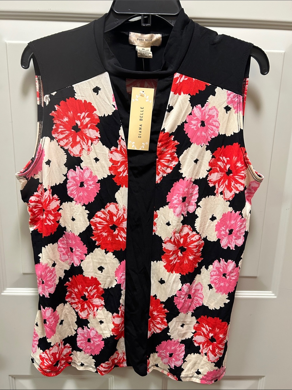 Diana Belle Black Floral Sleeveless Tank with Red & Pink Blooms